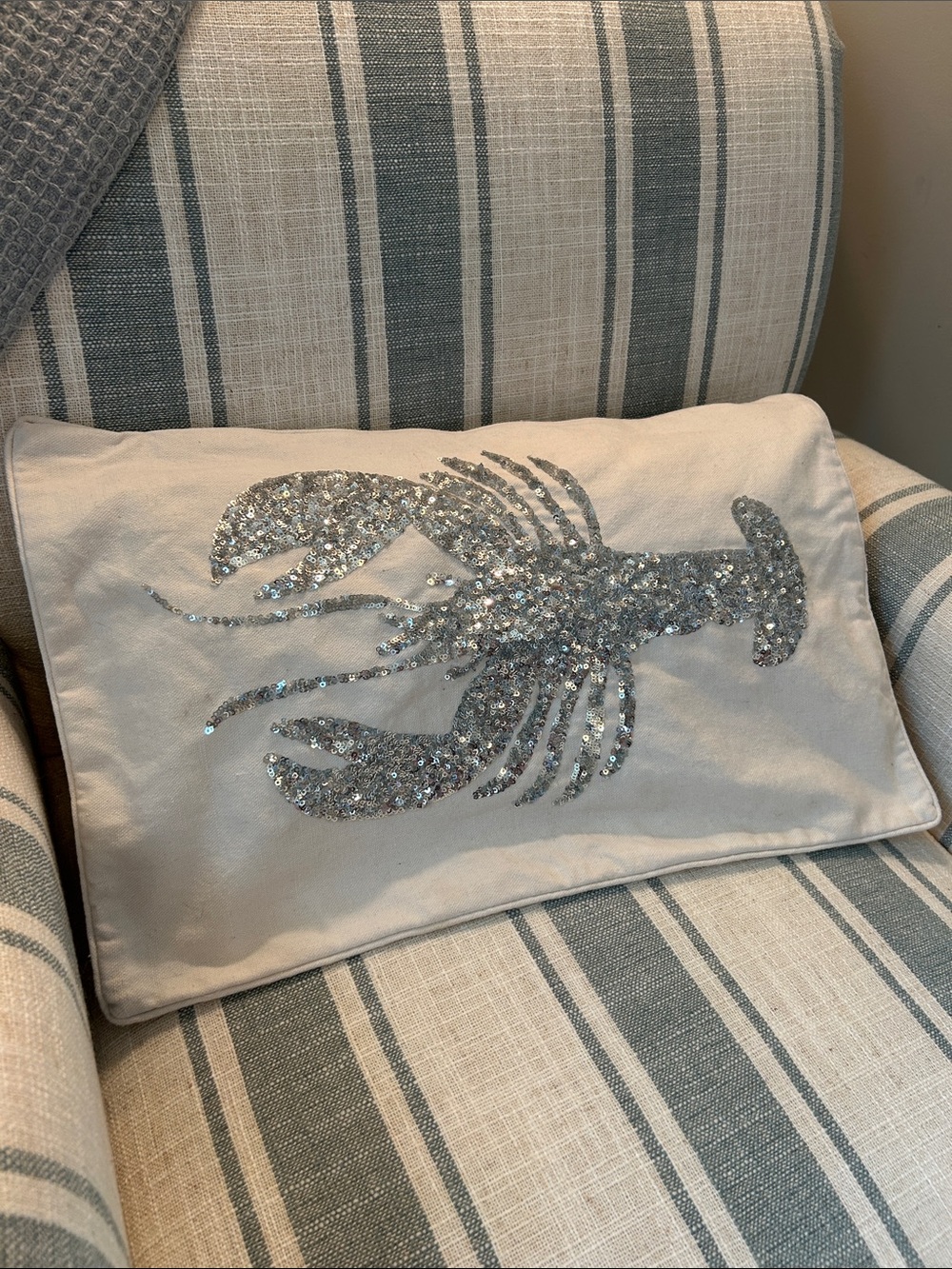 Silver Sequined Lobster Throw Pillow Case with Zipper Closure 12x20 Creamy White